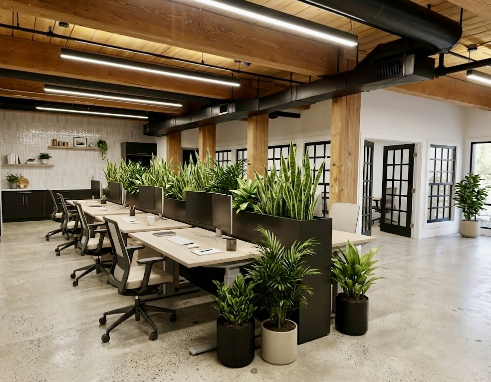 Open-plan suite with desk rows, wood beams, and glass-door private offices